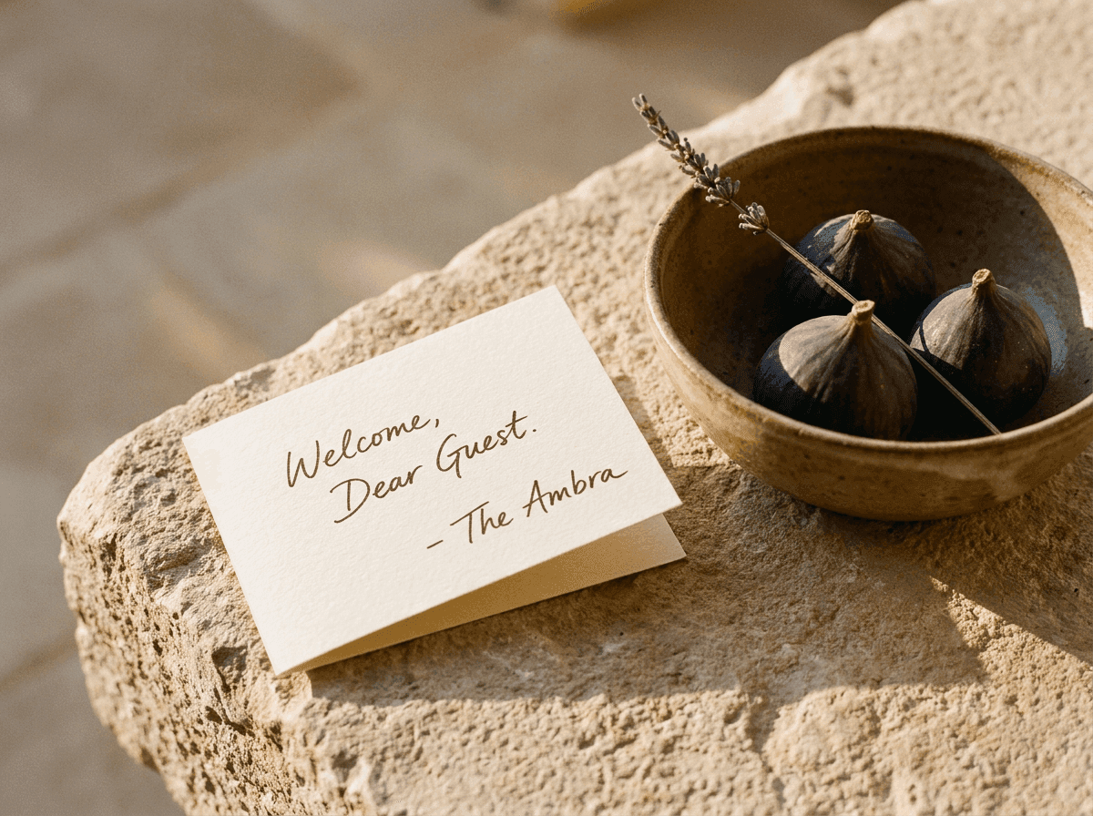 Handwritten welcome note beside a small bowl of fresh figs