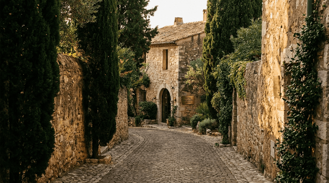 Narrow stone driveway approaching a boutique hotel facade at late afternoon