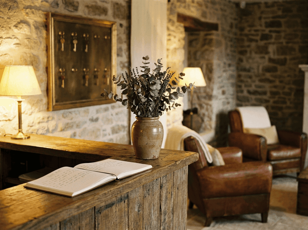 Boutique hotel reception desk from the arriving guest's perspective