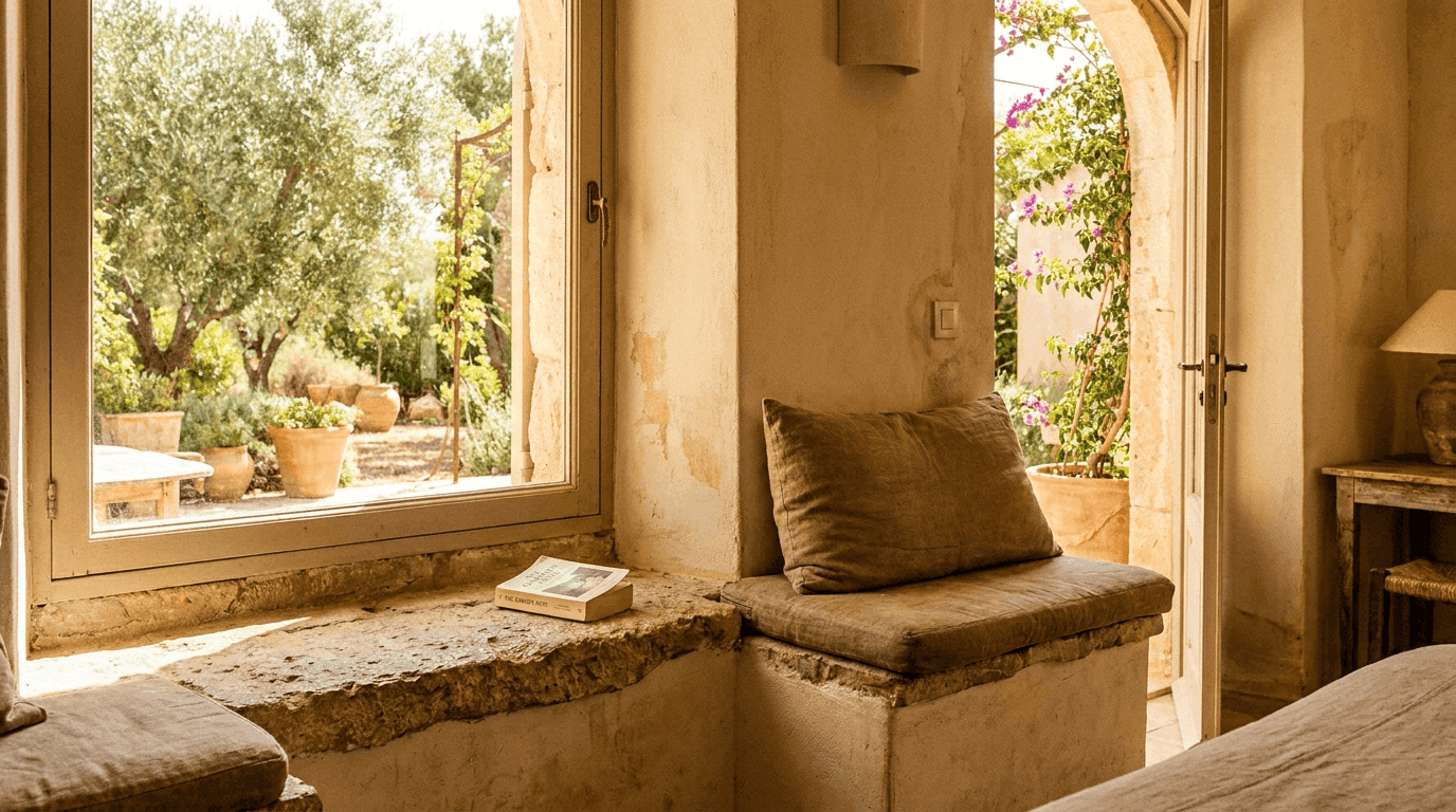Worn stone window seat with afternoon light, a corner that belongs to this place only