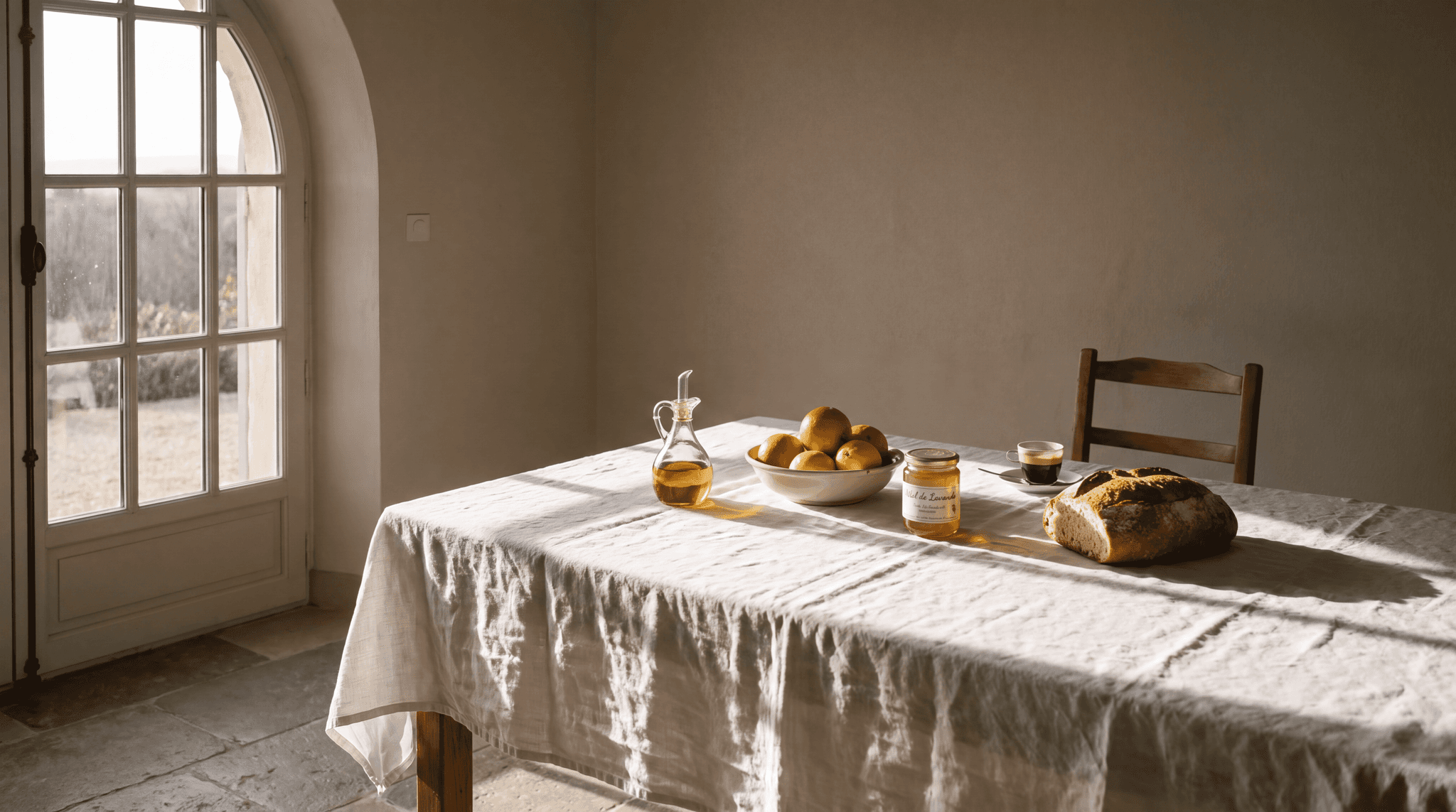 Morning light through arched window onto a breakfast table set with local produce